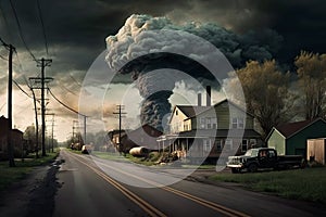 Vintage photo of a huge cloud of smoke over a rural road. Generative AI