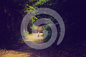 Vintage photo of little boy running and playing in forest at summer.