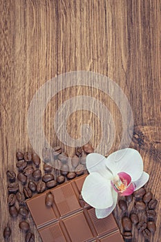 Vintage photo, Milk chocolate, coffee grains and blooming orchid, copy space for text