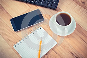 Vintage photo, Mobile phone with notepad for writing notes and cup of coffee