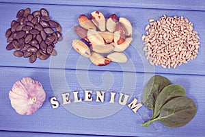 Vintage photo, Natural ingredients as source selenium, vitamins, minerals and dietary fiber