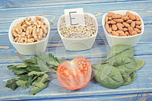 Vintage photo, Products, ingredients containing vitamin E and dietary fiber, healthy nutrition concept
