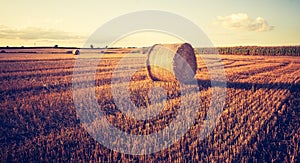 Vintage photo of straw bales on stubble