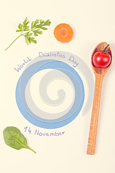 Vintage photo, Vegetables and blue circle as symbol of world diabetes day on white background