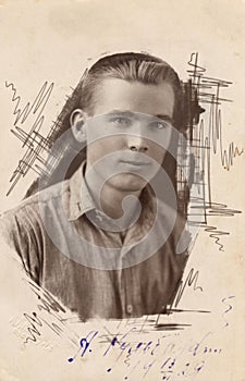 Vintage photo of a young man of twenty years old. Photo from 1929. USSR, Rostov