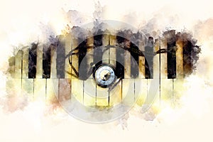 Vintage piano keys with antique pocket watch with a chain, time concept. Softly blurred watercolor background.