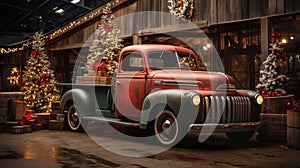 Vintage Pick-up Truck Carrying A Christmas Tree Parked Outside Festively Decorated Barn Shop. Generative AI