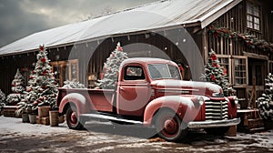 Old Red Pick-up Truck Carrying A Christmas Tree Parked Outside Festively Decorated Barn Shop. Generative AI photo