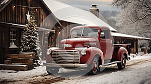 Vintage Pick-up Truck Parked Outside a Christmas Tree Farm Barn Shop. Generative AI