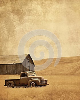 Vintage Pickup Truck in a Field with Barn in the Background