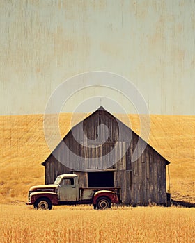 Vintage Pickup Truck in a Field with Barn in the Background