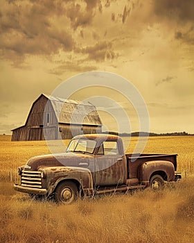 Vintage Pickup Truck in a Field with Barn in the Background