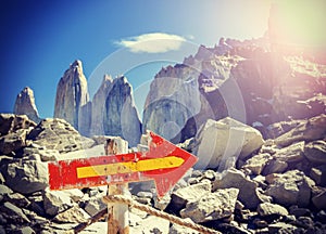 Vintage picture of wooden direction sign post on a mountain path