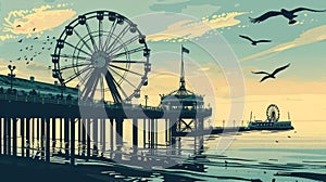 Vintage Pier with Ferris Wheel Illustration. Nostalgic seaside graphic illustration