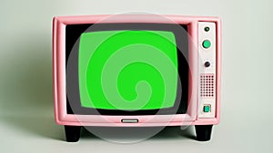 vintage pink analog television tv set with static noise distortions and green screen placeholder