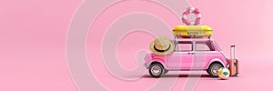 Vintage pink car with luggage and beach equipment, ready for a summer trip, minimalistic pink background, copy space