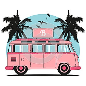 Vintage pink coach bus with palm. Flat hippie van design for tshirt. Summer tourist bus family travel. RV Travel for