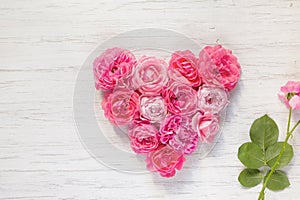 Vintage pink rose flowers in the shape of a heart and a branch on a wooden background
