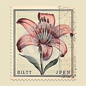 Vintage Lily Flower Postage Stamp With Mid-century Illustration Style