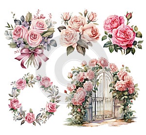 Vintage pink roses set. Garden wedding arch of tender flowers, branches and leaves. Hand painted watercolor illustration