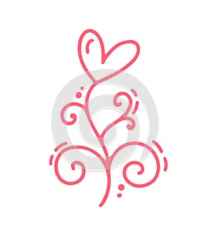 Vintage Pink Vector monoline flower with heart. Valentines Day Hand Drawn icon. Holiday sketch doodle Design plant