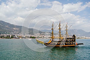 Vintage Pirate Ship Cruising in Mediterranean Bay