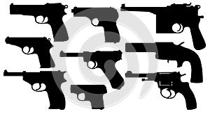Vintage pistols. Collection of gun. Weapons of the Second World War. Set of Silhouette Vector