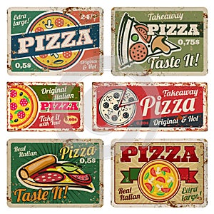 Vintage pizza metal signs with grunge texture vector set. Retro food posters in 50s style