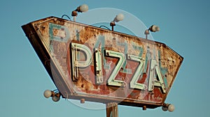 Vintage Pizza Sign, Rust and Retro Charm Against Blue Sky.