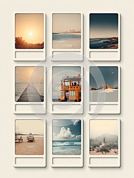 Photo Album Grid With Vintage Placeholders Capturing Serene Landscapes and Coastal Views at Different Times of the Day photo