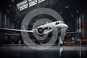 vintage plane in the airport, Aircraft in the hangar, Front view, AI Generated