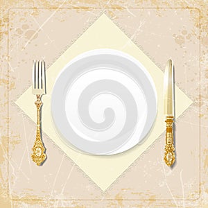 vintage plate, fork, knife, napkin.vector illustration