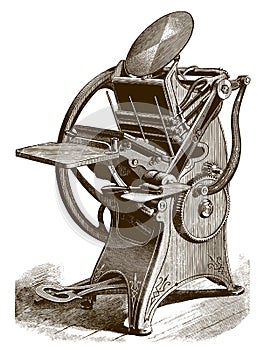 Vintage platen printing press in three quarter view