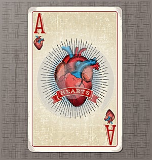 Vintage playing card vector illustration of the ace of hearts