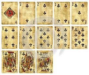 Vintage Playing cards of Clubs suit - isolated on white