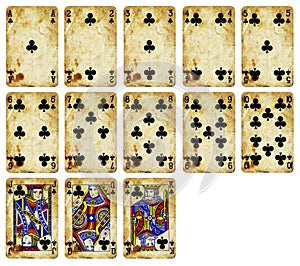Vintage Playing cards of Clubs suit isolated on white