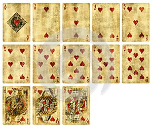 Vintage Playing cards of Hearts suit isolated on white