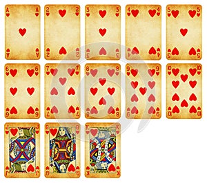 Vintage Playing cards of Hearts suit isolated on white background
