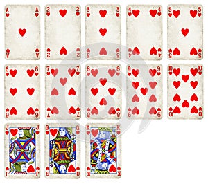 Vintage Playing cards of Hearts suit isolated on white background