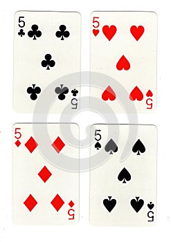 Vintage playing cards showing four fives.