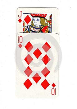 Vintage playing cards showing a jack and ten of diamonds.