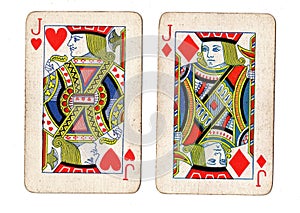 Vintage playing cards showing a pair of jacks.