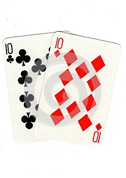 Vintage playing cards showing a pair of tens.