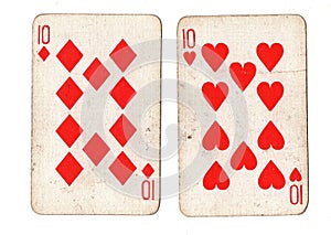 Vintage playing cards showing a pair of tens.