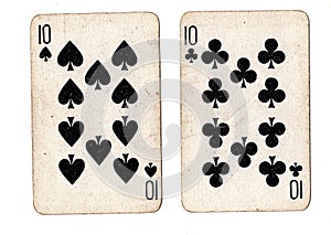 Vintage playing cards showing a pair of tens.