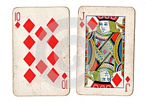 Vintage playing cards showing a ten and jack of diamonds.