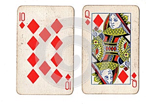 Vintage playing cards showing a ten and queen of diamonds.