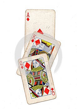 Vintage playing cards showing a three card run of diamonds.
