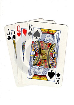 Vintage playing cards showing a three card run in different suits.