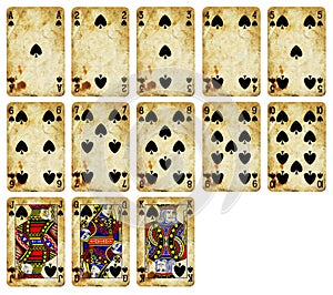 Vintage Playing cards of Spades suit isolated on white